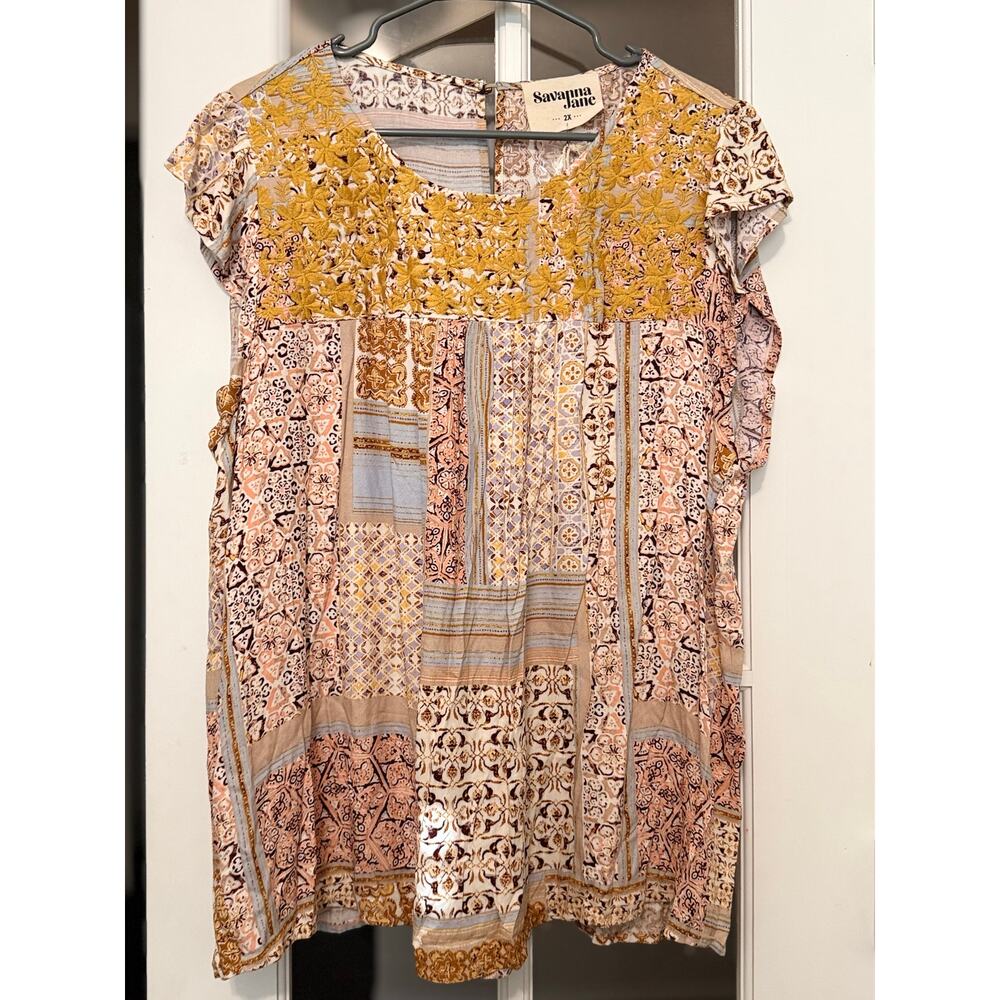 Savanna Jane floral embroidered patch work flutter sleeve top NWT 2X